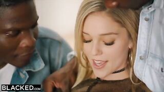 A petite blonde gets passed around by six big black cocks in an intense interracial scene