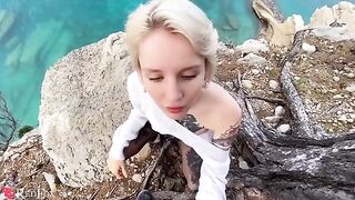 A cute girl passionately sucks her ex-boyfriend's big dick on the beach