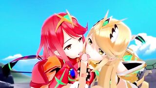 Xenoblade: threesome with Pyra and Mythra (3D hentai) - a hot scene you should check out
