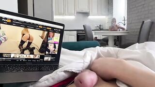 A young girl saw a guy jerking off and offered to help with her mouth and pussy