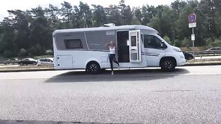 Public cumshot on my wetlook leggings ass during a car ride on the A1