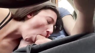 Real couple on a road trip, stopping for some oral action en route