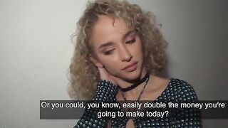 Curly-haired petite Spanish babe gets fucked by a stranger in the hallway for cash