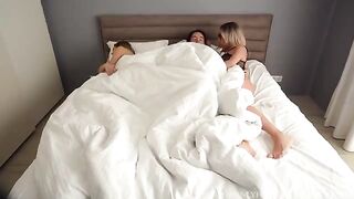 Girl seduced by her stepmom and her boyfriend to fuck with them both