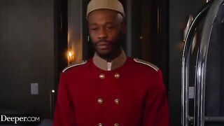 Petite bride-to-be Jazmin gets special treatment from a hotel staff member in a sensual scene