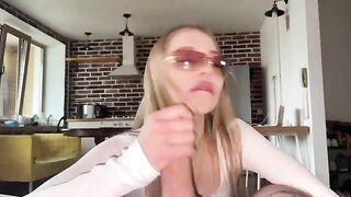 Pretty woman has sex with her boyfriend, cum on glasses in POV style