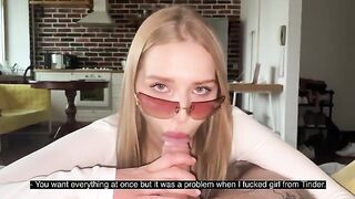 Pretty woman has sex with her boyfriend, cum on glasses in POV style