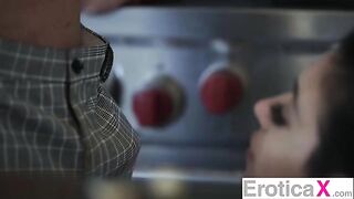 The couple has sex right in the kitchen, a steamy affair