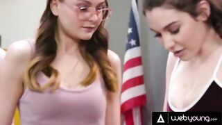 Two young girls, including the stunning Lily Lou, experiment with lesbian intimacy during detention