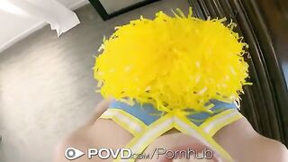 Cheerleader fucks with a guy and gets cum on her face in POV