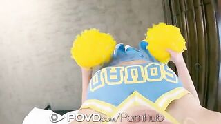 Cheerleader fucks with a guy and gets cum on her face in POV
