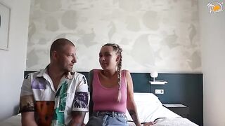 A couple has fun in the hotel room, exploring their desires