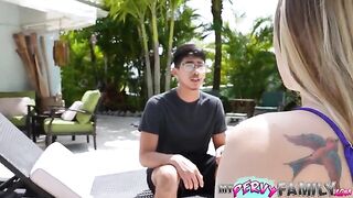 Stepsister hides her wet pussy secret after being caught, giving a blowjob