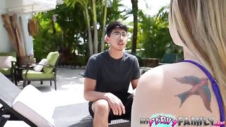 Stepsister hides her wet pussy secret after being caught, giving a blowjob