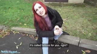 Redhead Brit shows off pierced tits for cash in daring Public Agent stunt