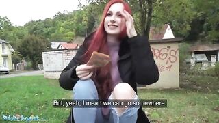 Redhead Brit shows off pierced tits for cash in daring Public Agent stunt