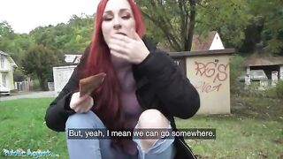 Redhead Brit shows off pierced tits for cash in daring Public Agent stunt