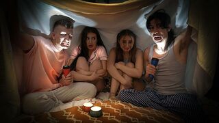 Two naughty boys scared and fucked Penelope Kay and Aubrey Valentine in a steamy tale