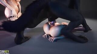 Girls please a luscious werewolf with their juicy pussies