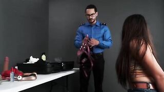 A hot girl was stopped by a TSA agent at the airport check