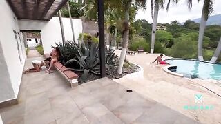 Girl fucked by her boyfriend and his stepsister in the pool