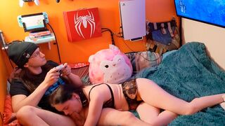 A relaxing day with a blowjob and Elden Ring gameplay on the big screen