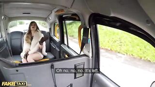 A cheeky girl is having fun with a taxi driver in a fake taxi