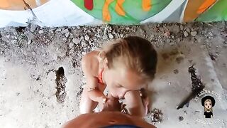 A sexual and beautiful blonde has sex with a guy in the abandoned building