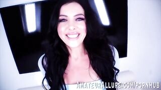 Theodora Day, sexy brunette with blue eyes, skillfully sucks and rides cock