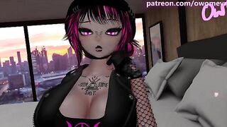 A girl in a black dress is playing with a guy in VR