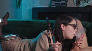 Nerdy girl in glasses gets her pussy eaten and fucked
