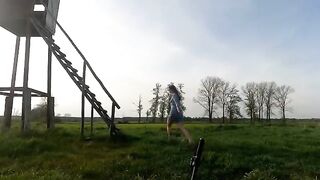 A Chihuahua is being fucked on the hunting podium in an outdoor scene