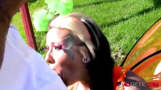 A nice girl in cosplay is fucking with a guy in the yard