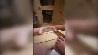 Guy masturbates in sauna and gets his cum swallowed