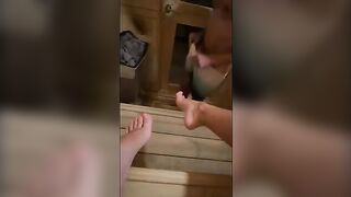 Guy masturbates in sauna and gets his cum swallowed
