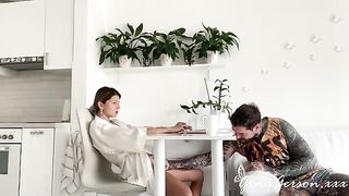 The elegant girl has sex right on her working table at home