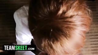 Ginger housekeeper Abbey Rain gets dropped to her knees and fucked hard