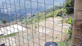 A girl has sex with a stranger farmer outdoors and gets cum on her pussy