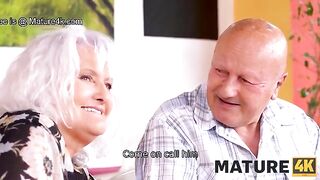 Hot mature honey fucked on the table by a guy in front of her husband