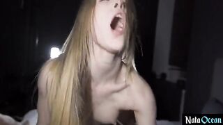 Skinny teen gets her pussy smashed hard by a huge dick in a rough session