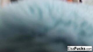 A small-breasted blonde named Elsa Jean rubs her pussy in a sensual video