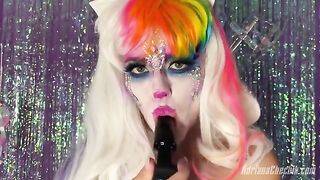 Adriana Chechik Halloween opulence with a rainbow dildo, showcasing her wild side