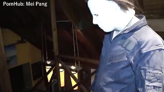 A girl is trapped in a spooky house and fucks with someone in a Halloween costume