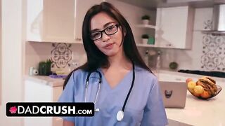 A cute nurse stepdaughter tests her stepfather’s ability to control his urges in a taboo roleplay scenario