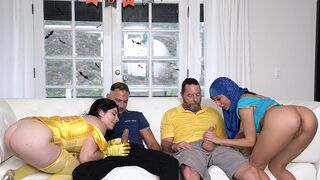 Two sexy stepdaughters in costumes getting fucked by their daddies