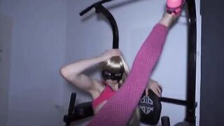 Fitness teen gets wrecked by 2 cocks at the gym