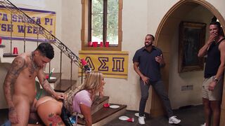 Busty MILF housekeeper gets fucked by a group of college frat boys