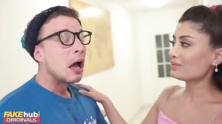 Hot Indian British model licks sperm from dork's glasses after he cum on his face