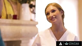The busty redhead Skylar Snow gets her tits smashed and spread for a happy client in a sensual Nuru Massage scene