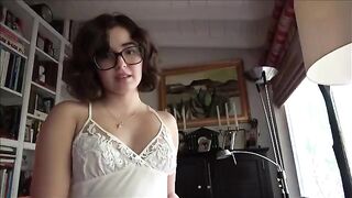 A young girl with glasses is being fucked by her stepfather in a taboo scene